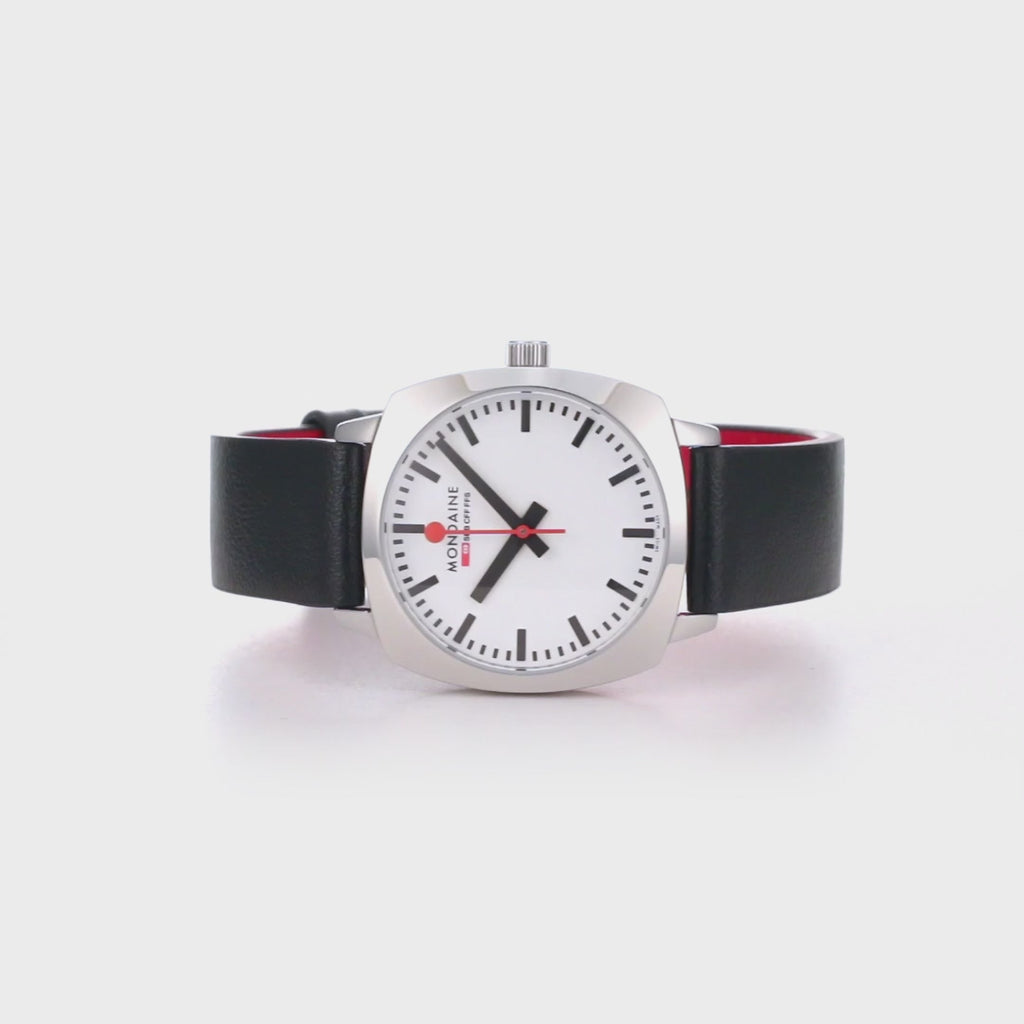 Cushion, 31 mm, Schwarzes veganes Traubenleder Uhr, 360 Grad Video der Armbanduhr