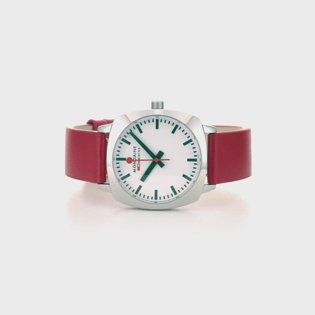 Cushion, 31 mm, Rotes veganes Traubenleder Uhr, MSL.31110.LCV, 360 Grad Video der Armbanduhr