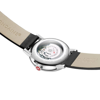 evo2 Automatic, 40 mm, Schwarzes Veganes Traubenleder Uhr, MSE.40610.LBV, Ansicht des Gehäusebodens mit Mondaine Gravur