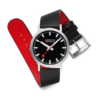 Classic Black Dial, Schwarzes Veganes Traubenleder, 40 mm, Detailansicht von Armband und Schliesse