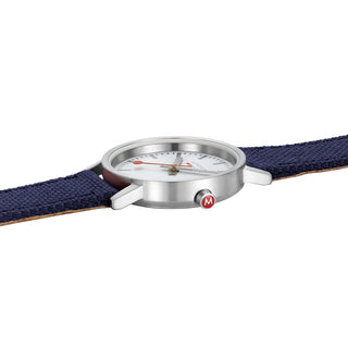 Classic, 30mm, Moderne Ozean-Blaue Uhr, A658.30323.17SBD1, Side view with focus on the red crown and textile strap