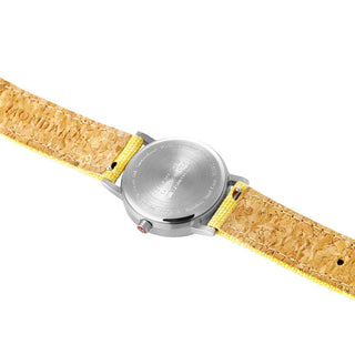 Classic, 30mm, moderne gelbe Uhr, A658.30323.17SBE, Ansicht des Gehäusebodens mit Mondaine Gravur