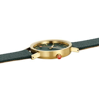 Classic, 36 mm, Waldgrüne goldene Uhr, A660.30314.60SBS, Detailansicht der roten Krone und des Textilarmband