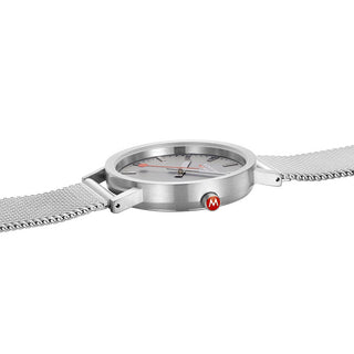 Classic, 36 mm, Good Gray Edelstahl Uhr, A660.30314.80SBJ, Detailansicht der roten Krone und des Edelstahlarmbands