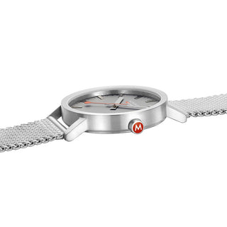 Classic, 40 mm, Good Gray Edelstahl Uhr, A660.30360.80SBJ, Detailansicht der roten Krone und des Edelstahlarmbands