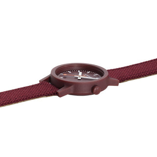 essence, 32mm, Kirsch-Rote nachhaltige Uhr, MS1.32130.LC, Side view with crown and textile strap
