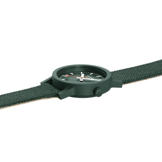 essence, 32mm, Park-Grüne nachhaltige Uhr, MS1.32160.LF, Side view with crown and textile strap