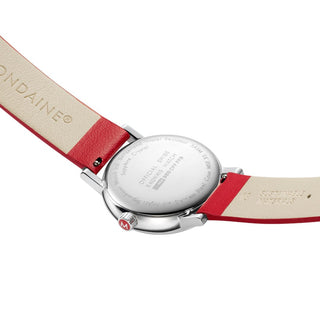 evo2, 35 mm, Rotes Veganes Trauben Leder Uhr, MSE.35110.LCV, Ansicht des Gehäusebodens mit Mondaine Gravur